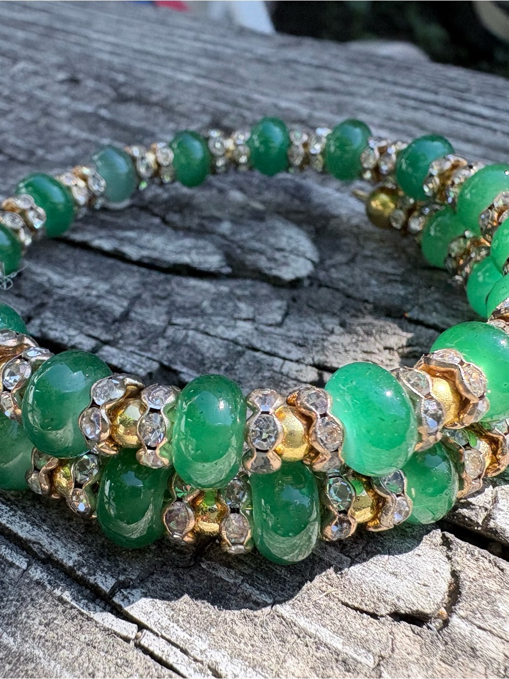 Green Beaded Stretch Bracelet with Gold & Crystal Accents